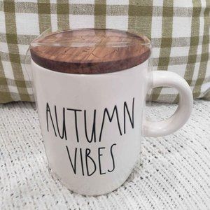 Rae Dunn "Autumn Vibes" White Mug & Wooden Lid Warmer Fall Collection